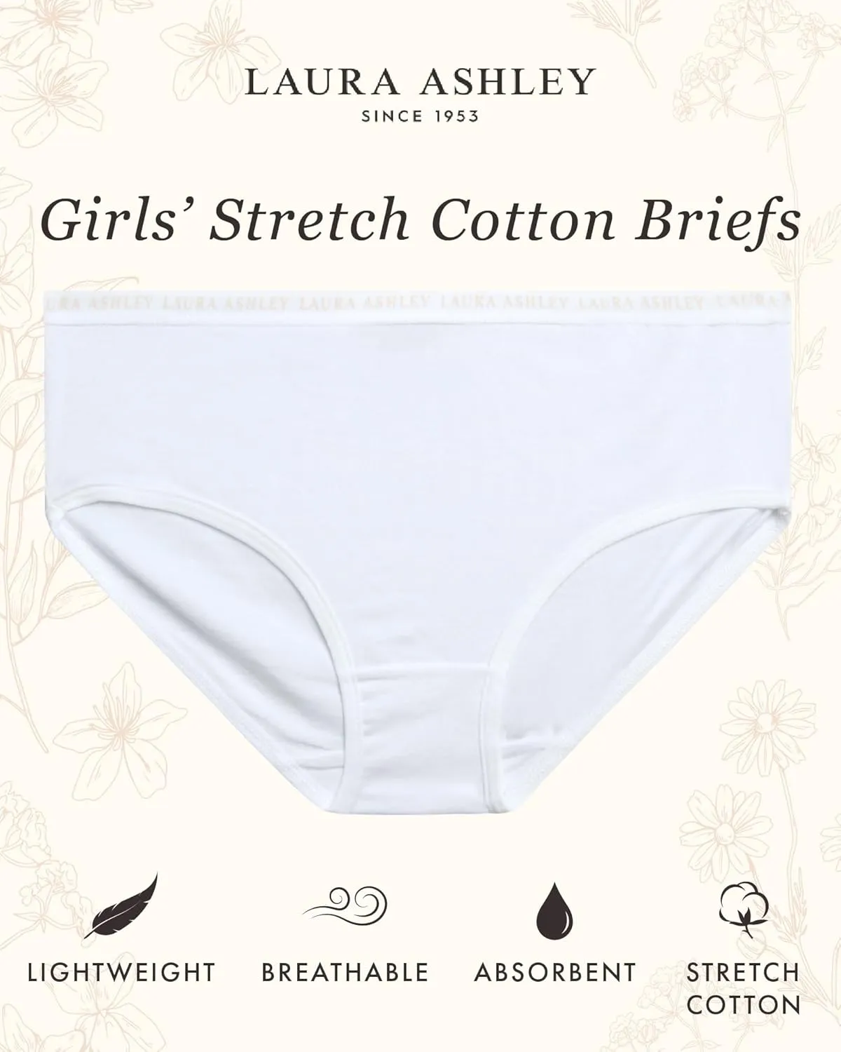 Laura Ashley Girls Underwear Briefs - 5 Pack Soft Comfort Stretch Breathable Cotton Underwear Panties for Girls (Sizes:4-12)