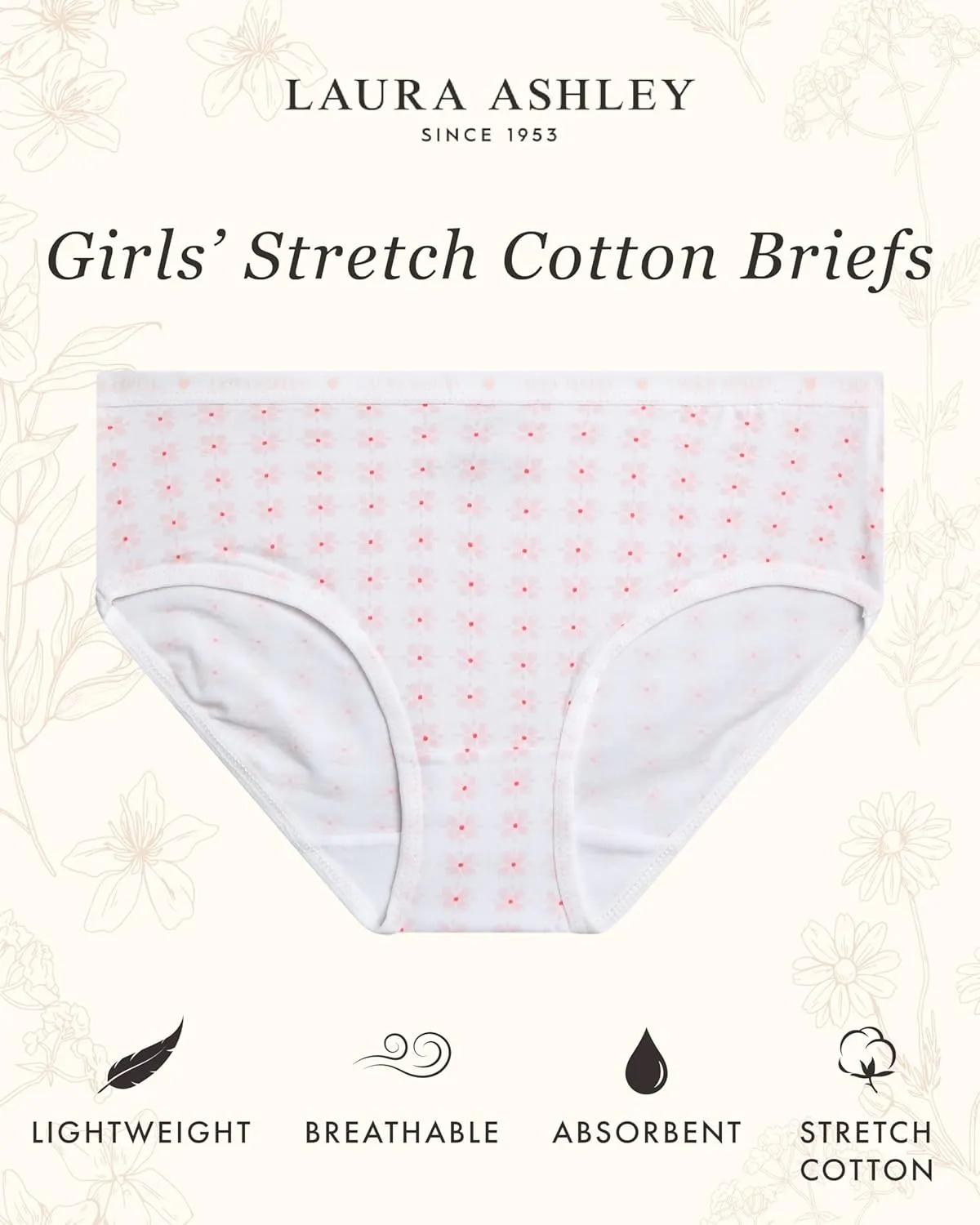 Laura Ashley Girls Underwear Briefs - 5 Pack Soft Comfort Stretch Breathable Cotton Underwear Panties for Girls (Sizes:4-12)