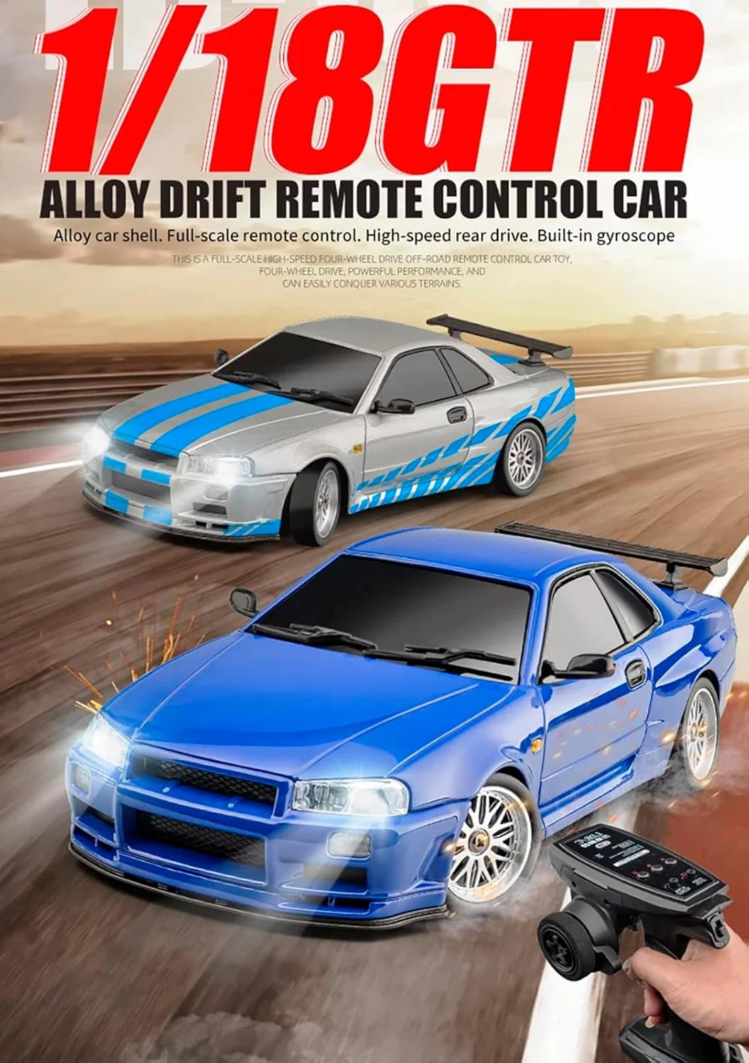 LD1899 1/18 RC Drift Car GTR R34 2.4GHz RWD with Gyroscope on-Road Alloy Body Shell Racing Cars Radio Control (Blue Grey)