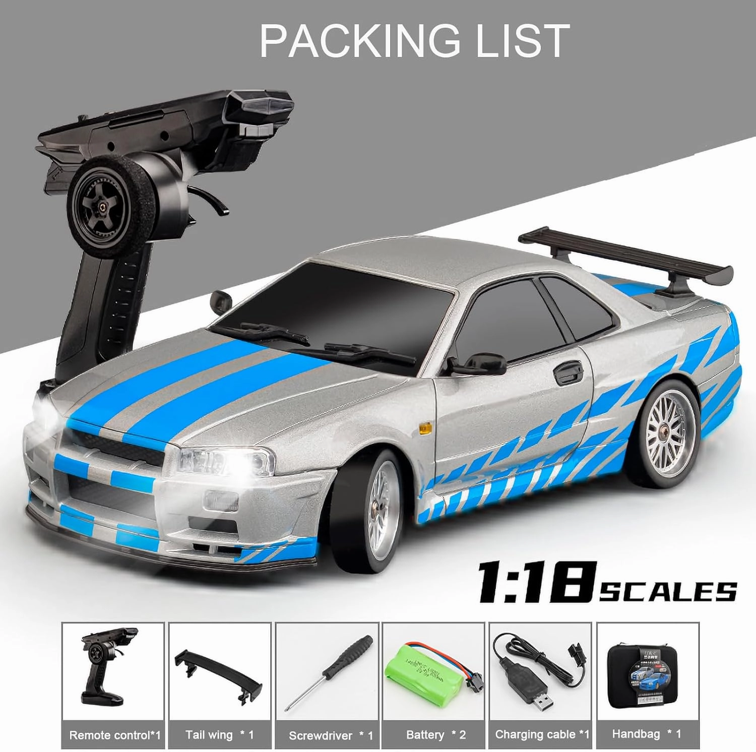 LD1899 1/18 RC Drift Car GTR R34 2.4GHz RWD with Gyroscope on-Road Alloy Body Shell Racing Cars Radio Control (Blue Grey)