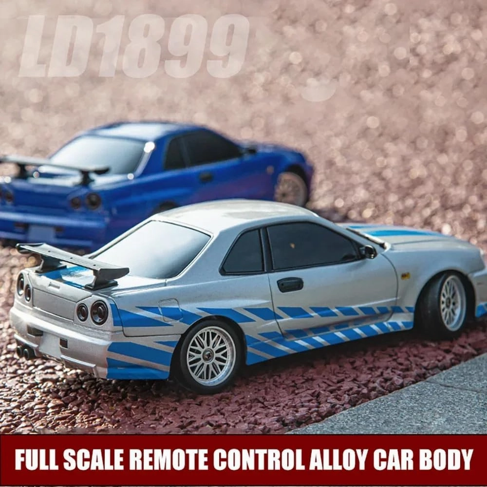 LD1899 1/18 RC Drift Car GTR R34 2.4GHz RWD with Gyroscope on-Road Alloy Body Shell Racing Cars Radio Control (Blue Grey)