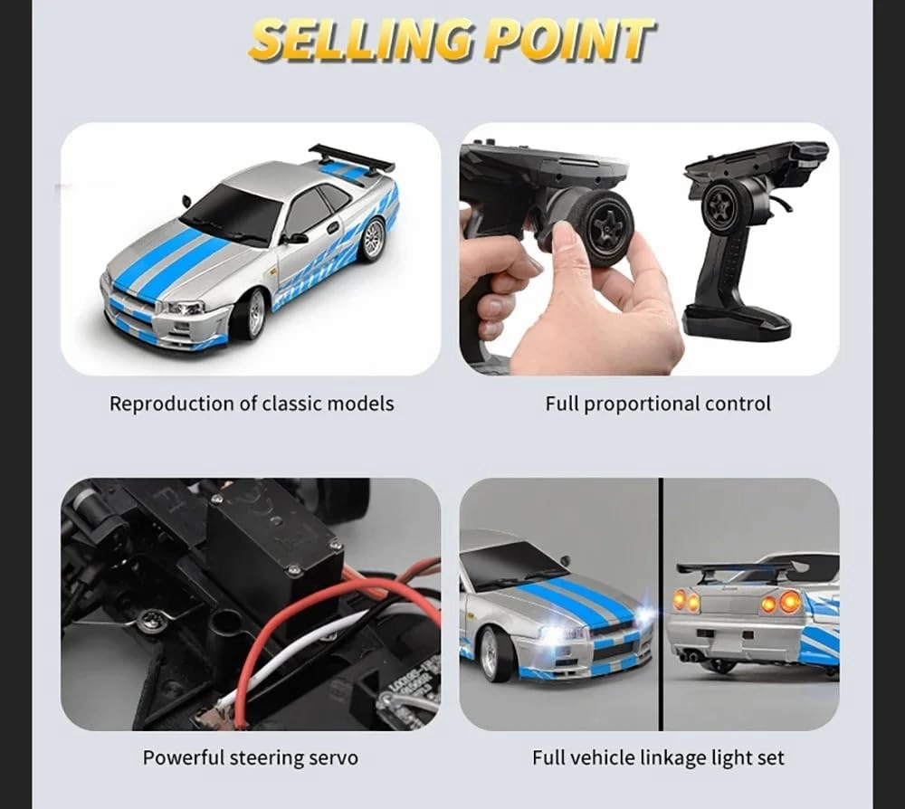 LD1899 1/18 RC Drift Car GTR R34 2.4GHz RWD with Gyroscope on-Road Alloy Body Shell Racing Cars Radio Control (Blue Grey)