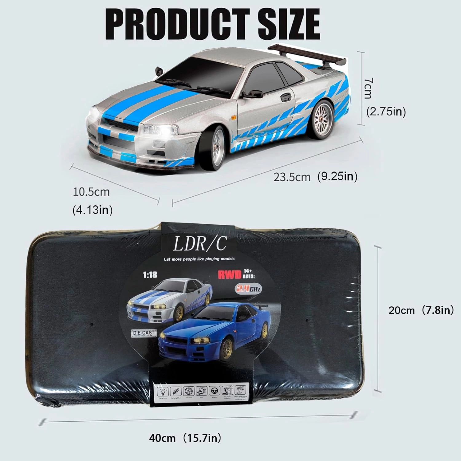 LD1899 1/18 RC Drift Car GTR R34 2.4GHz RWD with Gyroscope on-Road Alloy Body Shell Racing Cars Radio Control (Blue Grey)