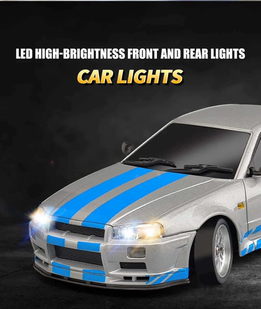 LD1899 1/18 RC Drift Car GTR R34 2.4GHz RWD with Gyroscope on-Road Alloy Body Shell Racing Cars Radio Control (Blue Grey)