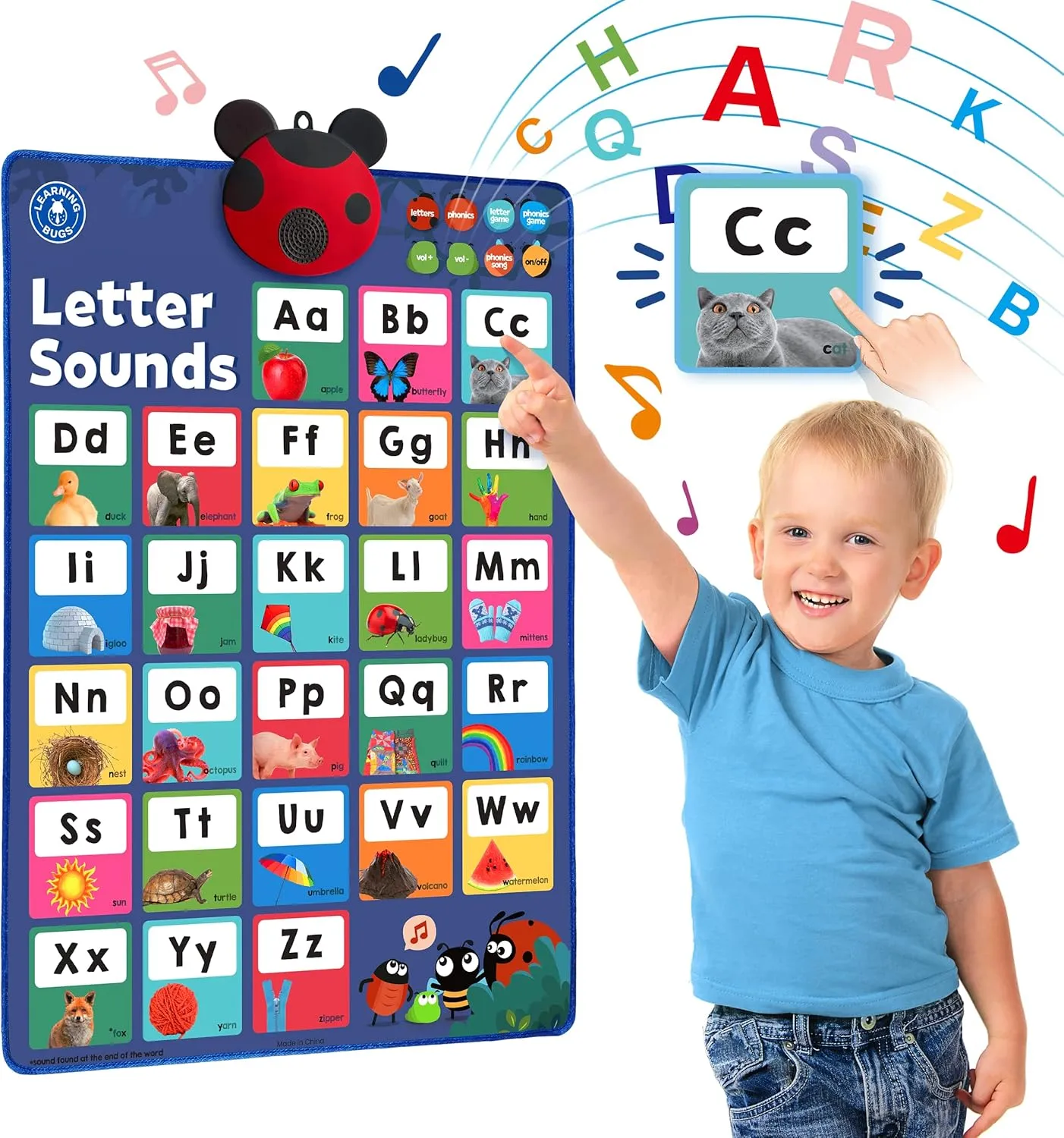 LEARNING BUGS Press to Learn Phonics, Interactive Letters and Sounds Talking Poster, Preschool & Kindergarten Learn to Read, Ages 3 