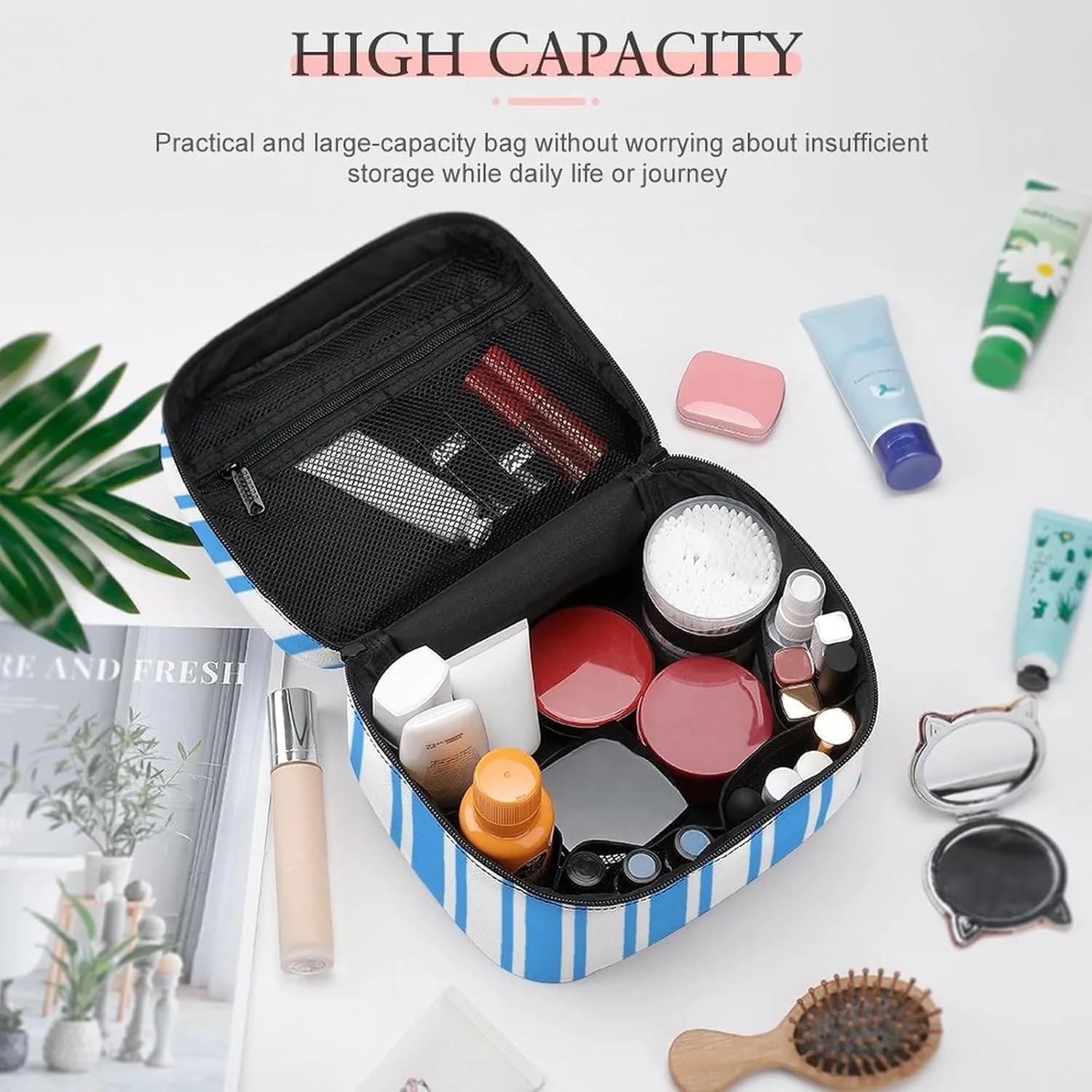 Leather Portable Makeup Bag, Blue and White Candy Stripes Travel Cosmetic Bag Makeup Organizer Case Large Capacity Zipper Toiletry Bag for Women