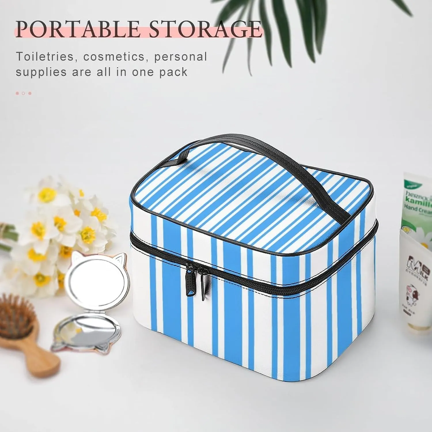 Leather Portable Makeup Bag, Blue and White Candy Stripes Travel Cosmetic Bag Makeup Organizer Case Large Capacity Zipper Toiletry Bag for Women