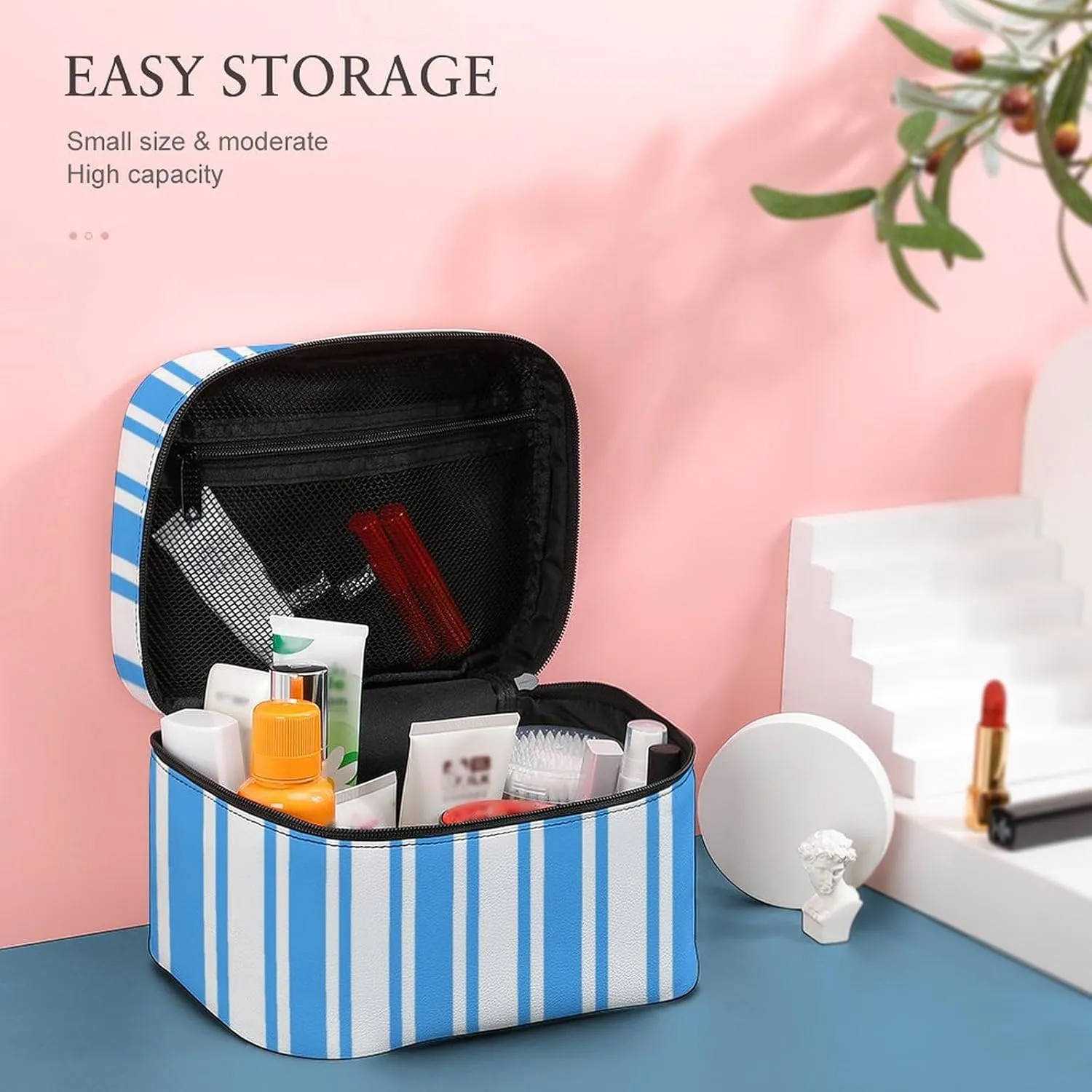 Leather Portable Makeup Bag, Blue and White Candy Stripes Travel Cosmetic Bag Makeup Organizer Case Large Capacity Zipper Toiletry Bag for Women