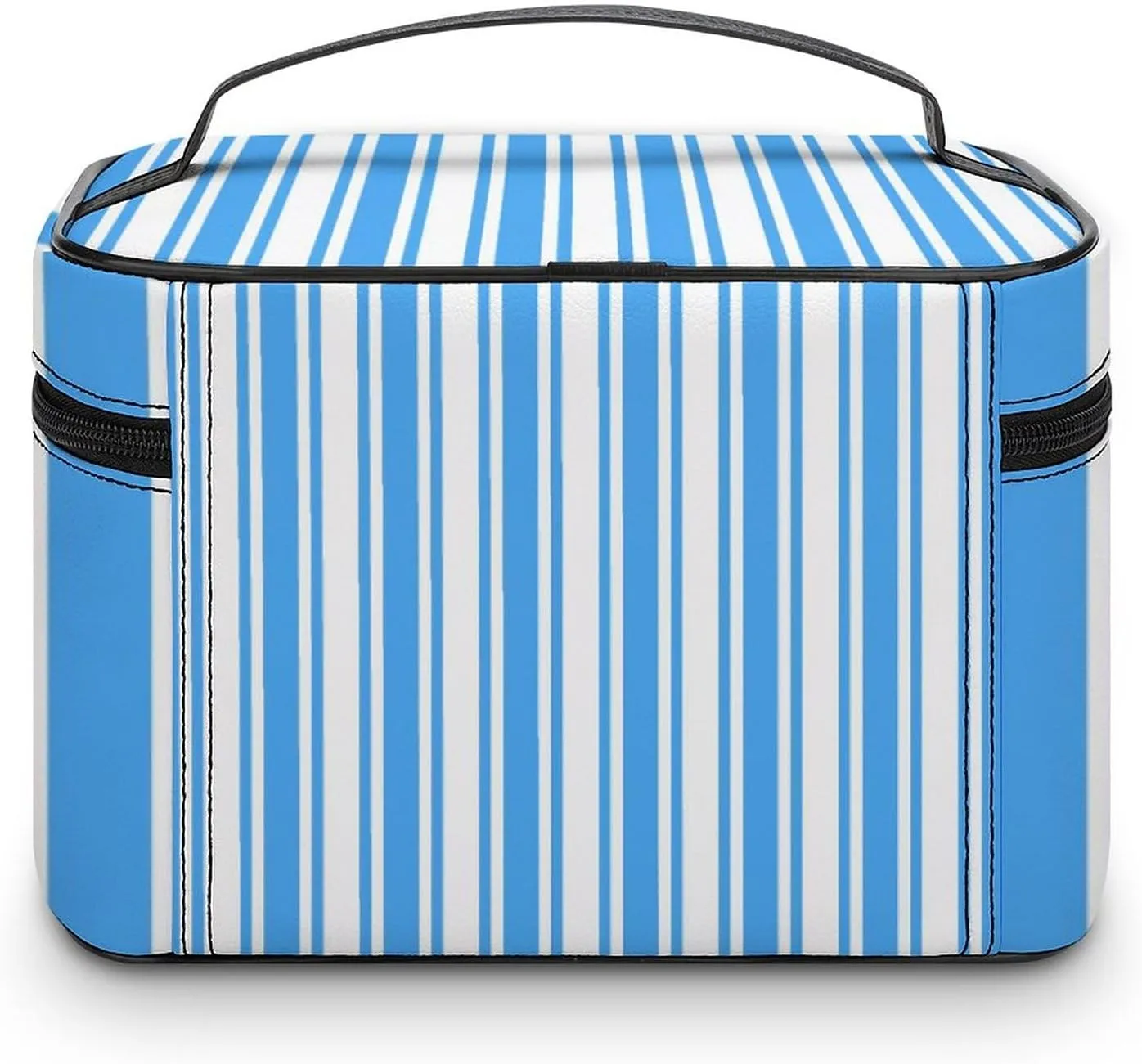Leather Portable Makeup Bag, Blue and White Candy Stripes Travel Cosmetic Bag Makeup Organizer Case Large Capacity Zipper Toiletry Bag for Women