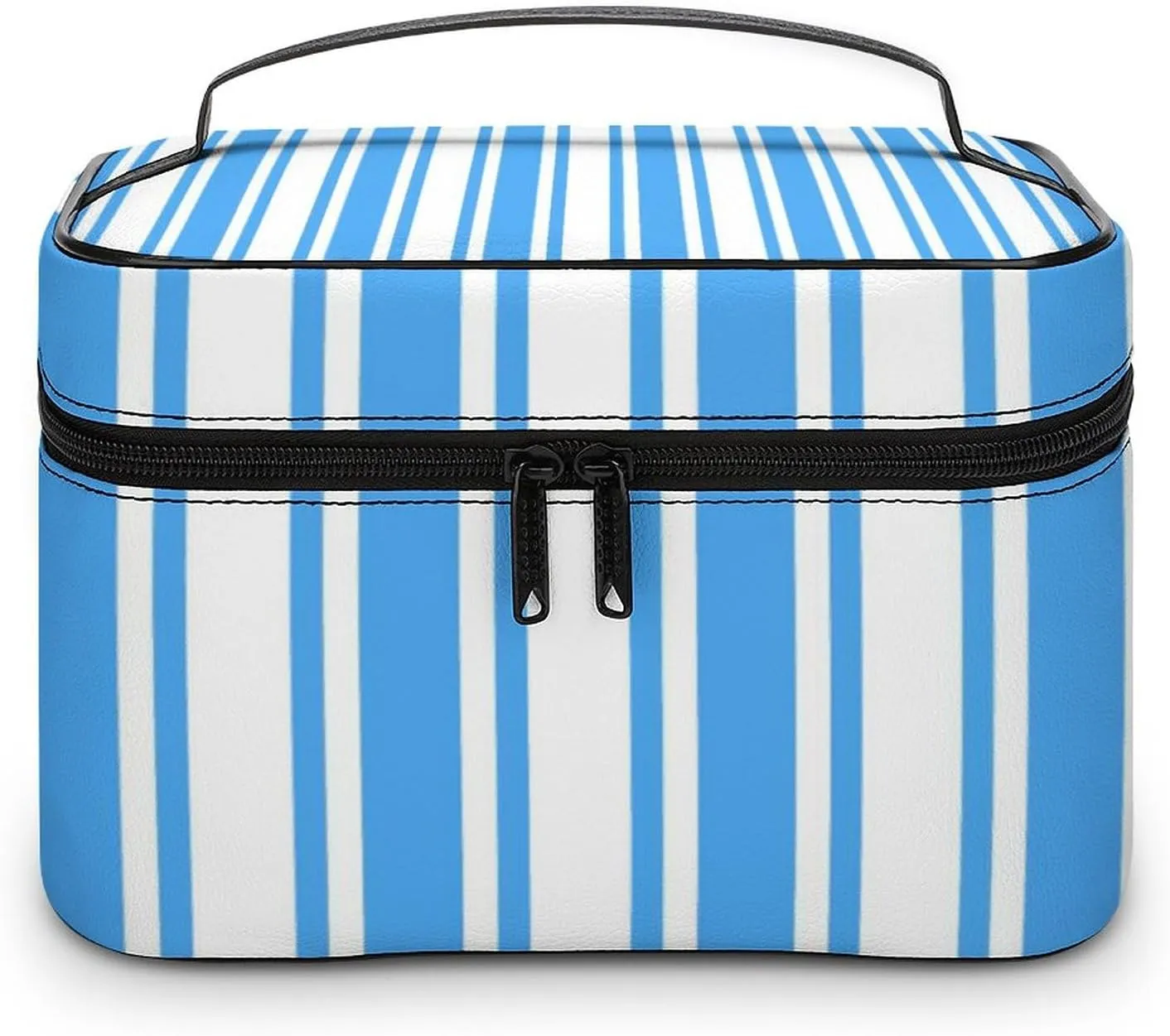 Leather Portable Makeup Bag, Blue and White Candy Stripes Travel Cosmetic Bag Makeup Organizer Case Large Capacity Zipper Toiletry Bag for Women