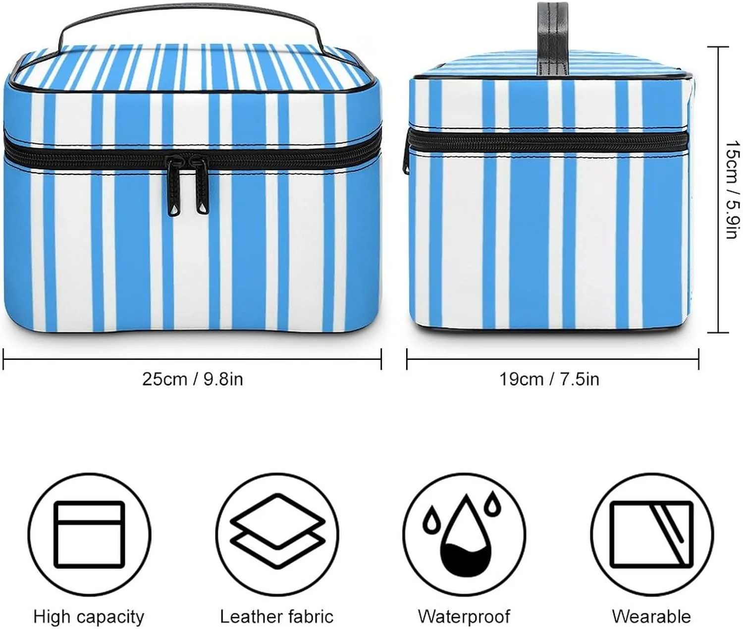 Leather Portable Makeup Bag, Blue and White Candy Stripes Travel Cosmetic Bag Makeup Organizer Case Large Capacity Zipper Toiletry Bag for Women