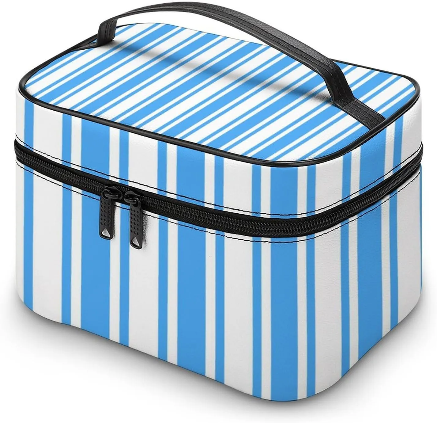Leather Portable Makeup Bag, Blue and White Candy Stripes Travel Cosmetic Bag Makeup Organizer Case Large Capacity Zipper Toiletry Bag for Women