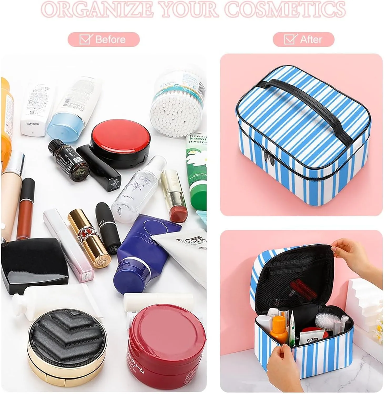 Leather Portable Makeup Bag, Blue and White Candy Stripes Travel Cosmetic Bag Makeup Organizer Case Large Capacity Zipper Toiletry Bag for Women