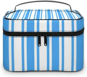 Leather Portable Makeup Bag, Blue and White Candy Stripes Travel Cosmetic Bag Makeup Organizer Case Large Capacity Zipper Toiletry Bag for Women