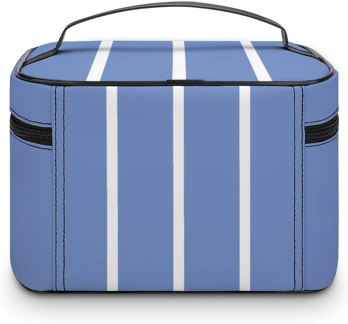 Leather Portable Makeup Bag, Blue White Stripes Travel Cosmetic Bag Makeup Organizer Case Large Capacity Zipper Toiletry Bag for Women