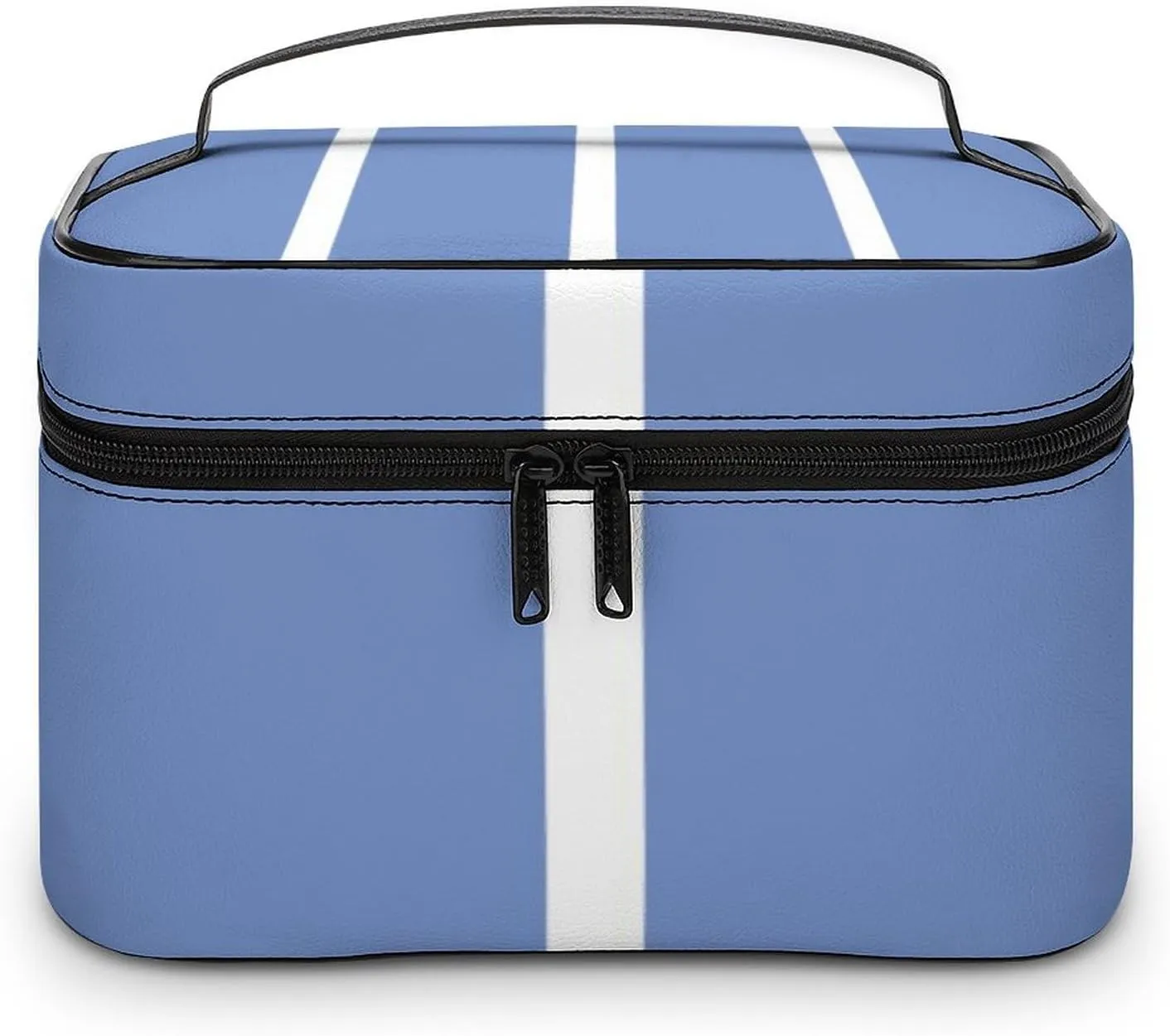 Leather Portable Makeup Bag, Blue White Stripes Travel Cosmetic Bag Makeup Organizer Case Large Capacity Zipper Toiletry Bag for Women