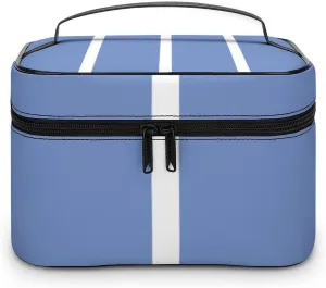Leather Portable Makeup Bag, Blue White Stripes Travel Cosmetic Bag Makeup Organizer Case Large Capacity Zipper Toiletry Bag for Women