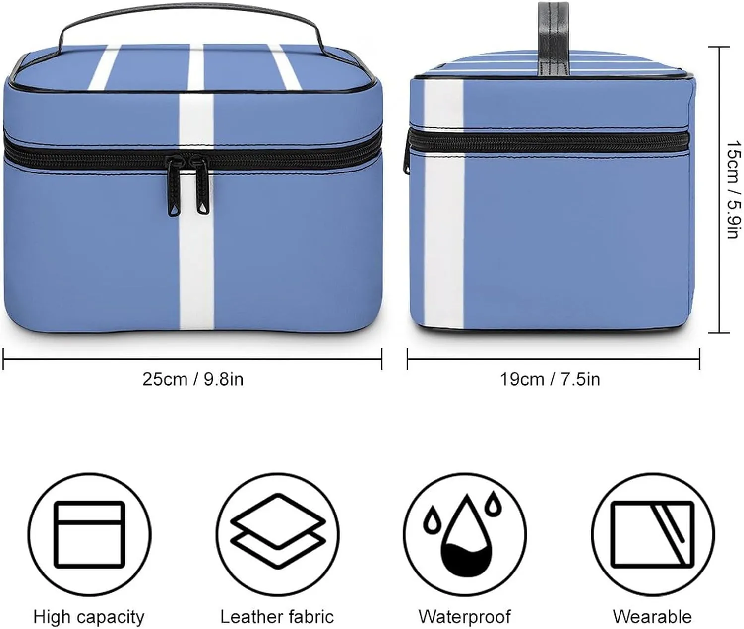Leather Portable Makeup Bag, Blue White Stripes Travel Cosmetic Bag Makeup Organizer Case Large Capacity Zipper Toiletry Bag for Women