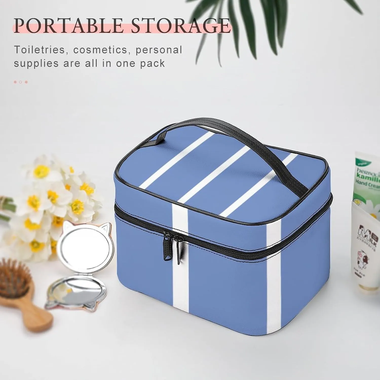 Leather Portable Makeup Bag, Blue White Stripes Travel Cosmetic Bag Makeup Organizer Case Large Capacity Zipper Toiletry Bag for Women