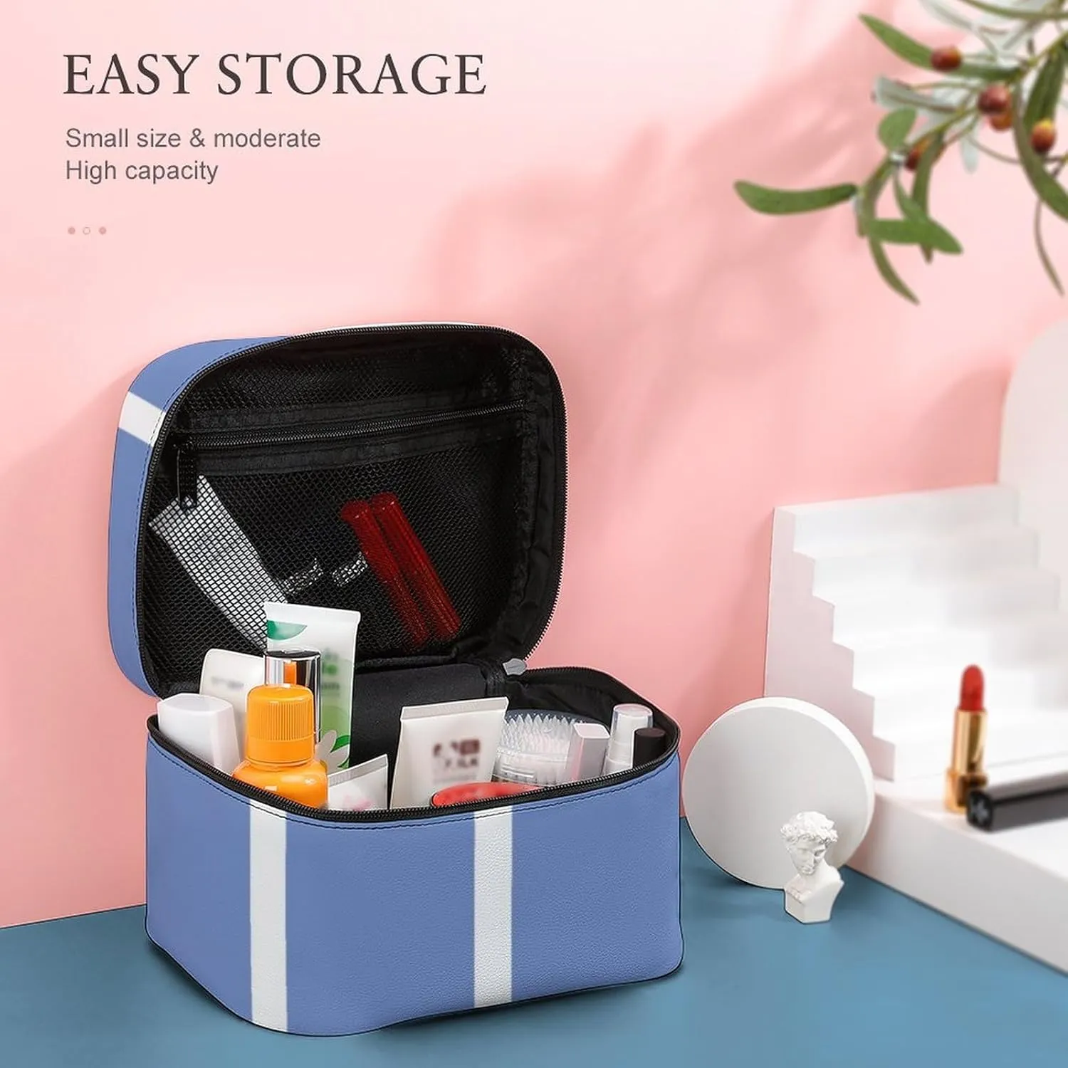 Leather Portable Makeup Bag, Blue White Stripes Travel Cosmetic Bag Makeup Organizer Case Large Capacity Zipper Toiletry Bag for Women