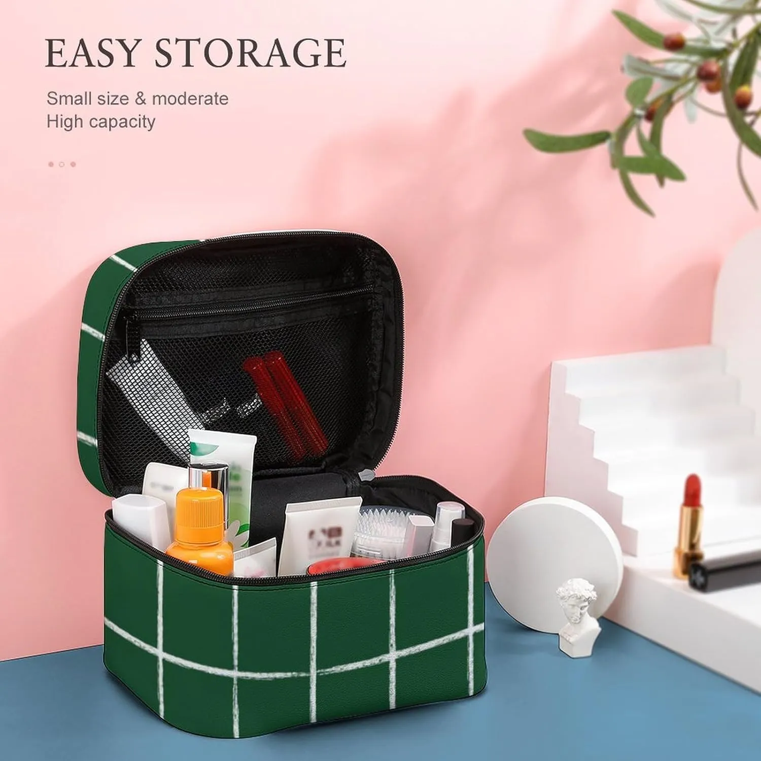 Leather Portable Makeup Bag, Forest Green Checkered Modern Minimalist Travel Cosmetic Bag Makeup Organizer Case Large Capacity Zipper Toiletry Bag for Women