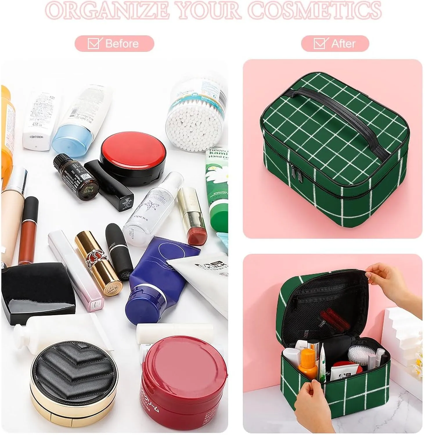 Leather Portable Makeup Bag, Forest Green Checkered Modern Minimalist Travel Cosmetic Bag Makeup Organizer Case Large Capacity Zipper Toiletry Bag for Women