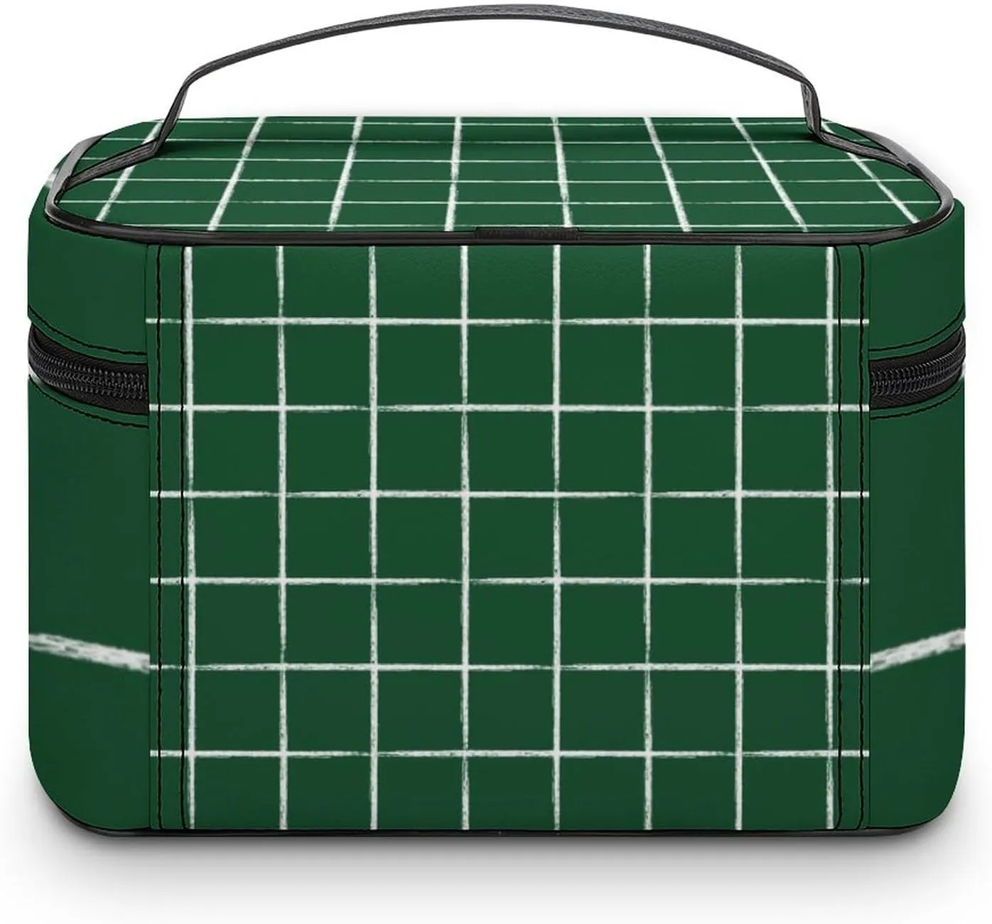 Leather Portable Makeup Bag, Forest Green Checkered Modern Minimalist Travel Cosmetic Bag Makeup Organizer Case Large Capacity Zipper Toiletry Bag for Women