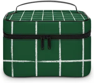 Leather Portable Makeup Bag, Forest Green Checkered Modern Minimalist Travel Cosmetic Bag Makeup Organizer Case Large Capacity Zipper Toiletry Bag for Women