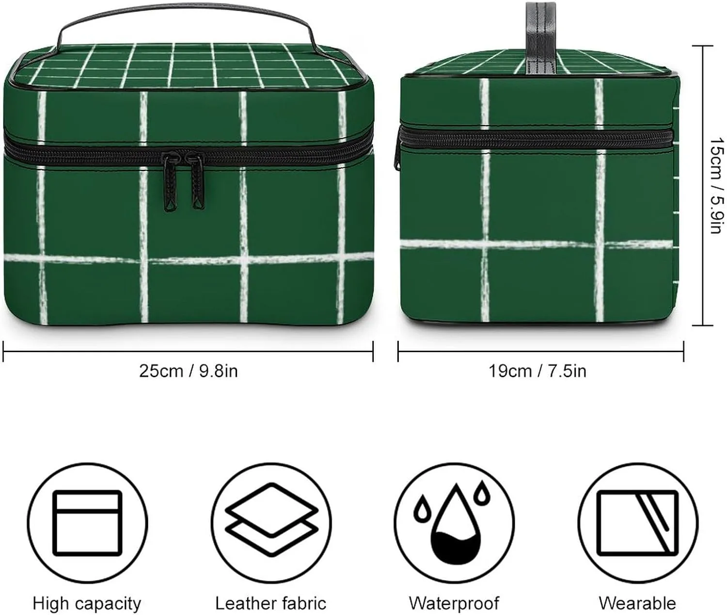 Leather Portable Makeup Bag, Forest Green Checkered Modern Minimalist Travel Cosmetic Bag Makeup Organizer Case Large Capacity Zipper Toiletry Bag for Women