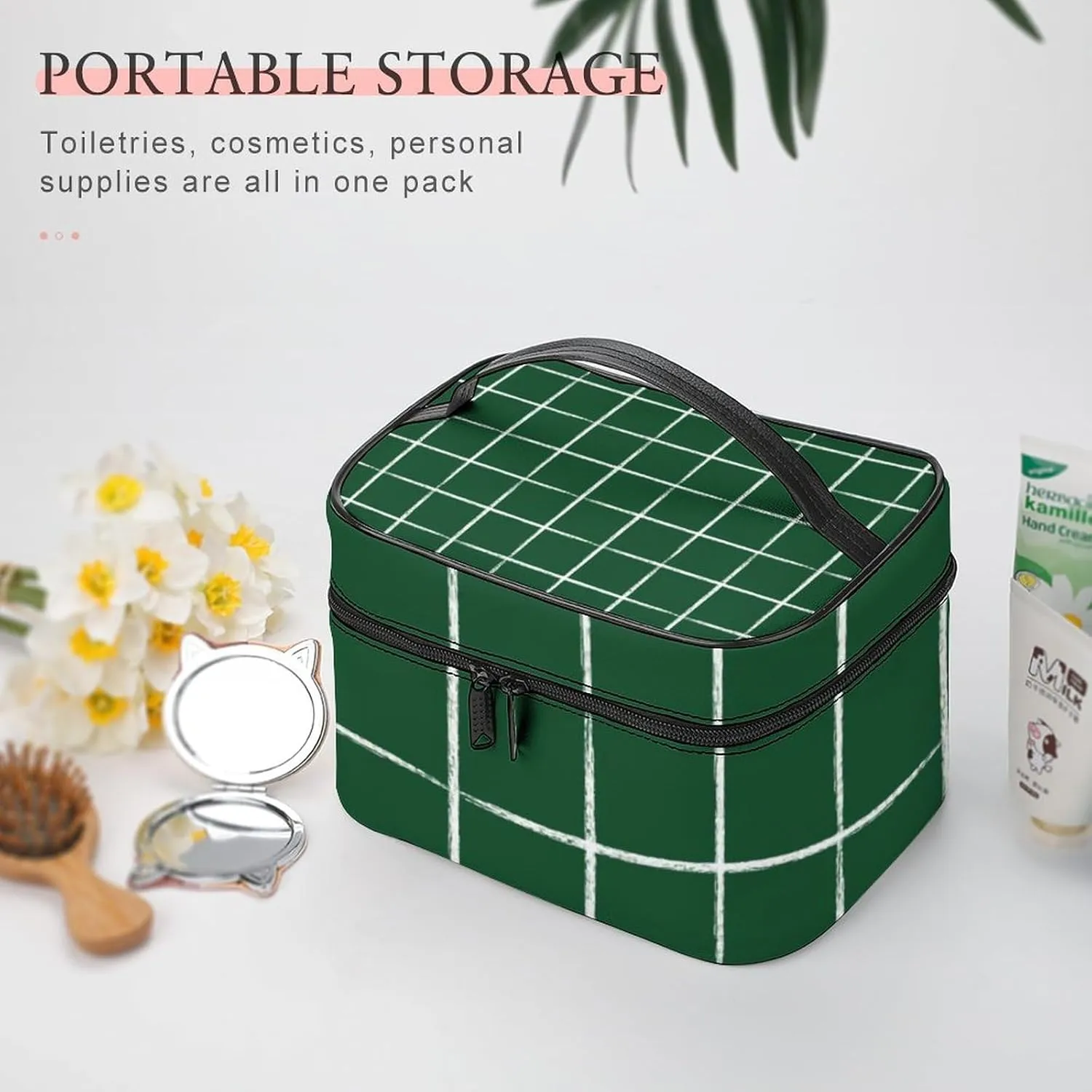 Leather Portable Makeup Bag, Forest Green Checkered Modern Minimalist Travel Cosmetic Bag Makeup Organizer Case Large Capacity Zipper Toiletry Bag for Women
