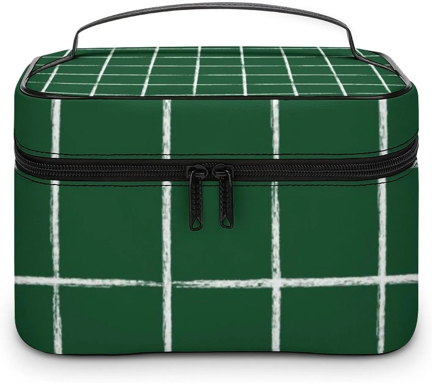 Leather Portable Makeup Bag, Forest Green Checkered Modern Minimalist Travel Cosmetic Bag Makeup Organizer Case Large Capacity Zipper Toiletry Bag for Women