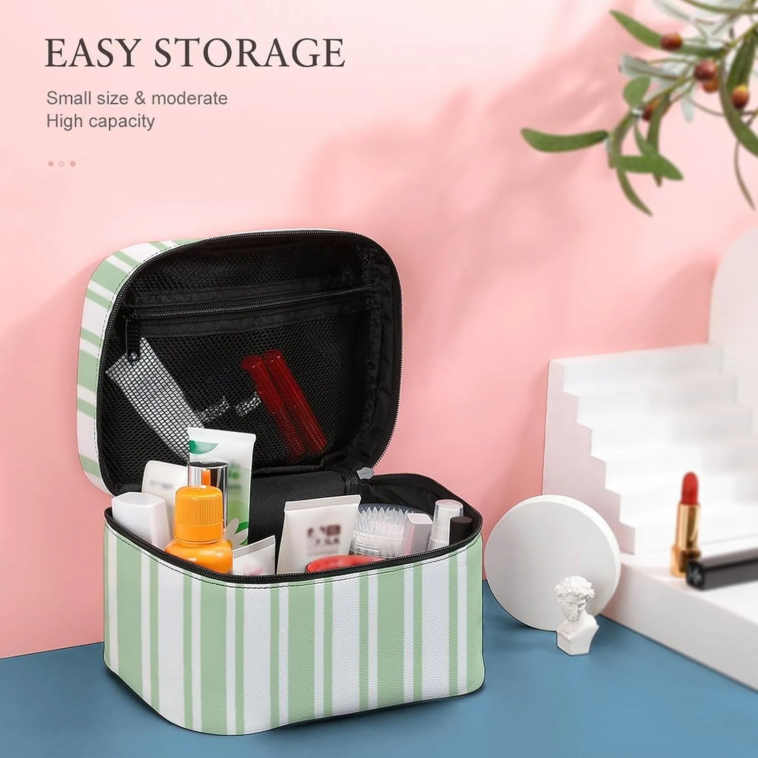Leather Portable Makeup Bag, Pale Green and White Candy Stripes Travel Cosmetic Bag Makeup Organizer Case Large Capacity Zipper Toiletry Bag for Women