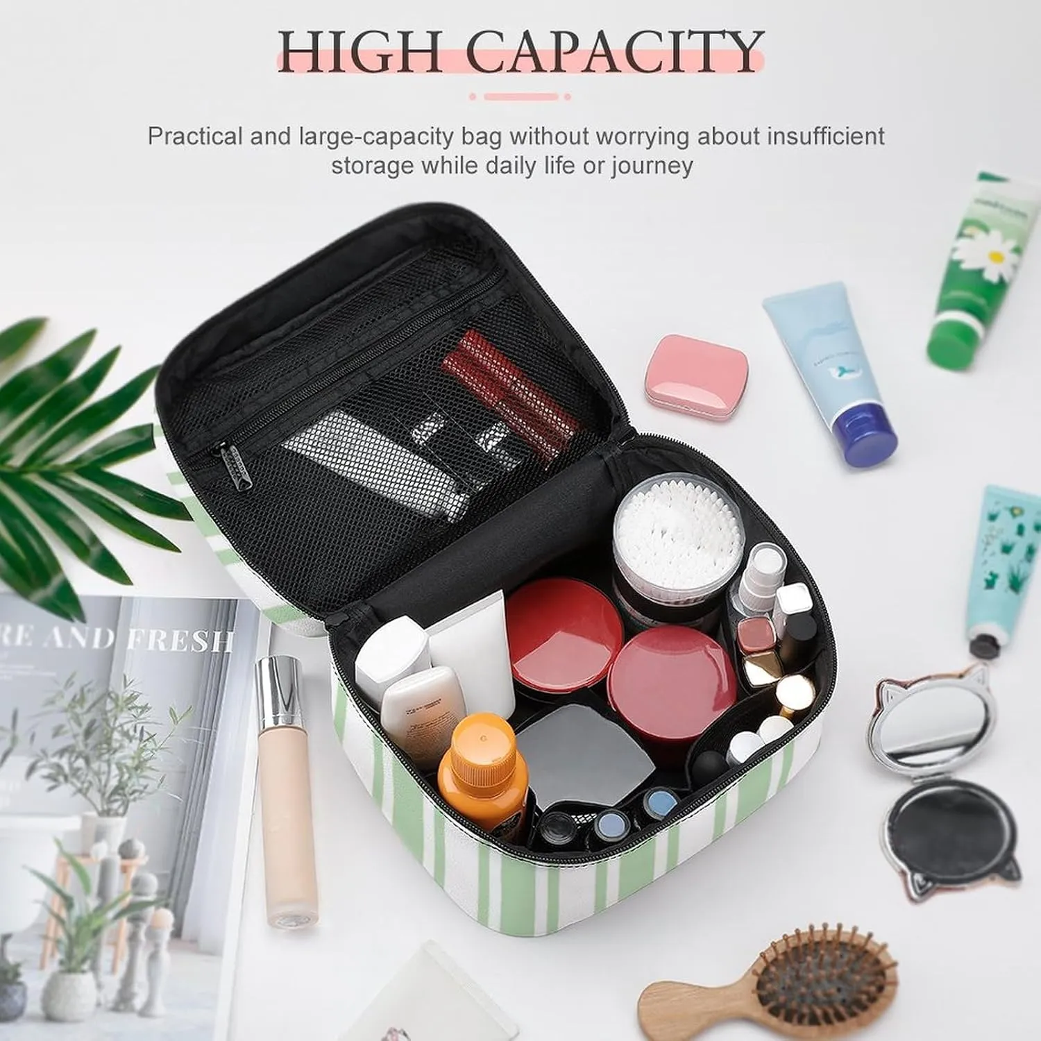 Leather Portable Makeup Bag, Pale Green and White Candy Stripes Travel Cosmetic Bag Makeup Organizer Case Large Capacity Zipper Toiletry Bag for Women