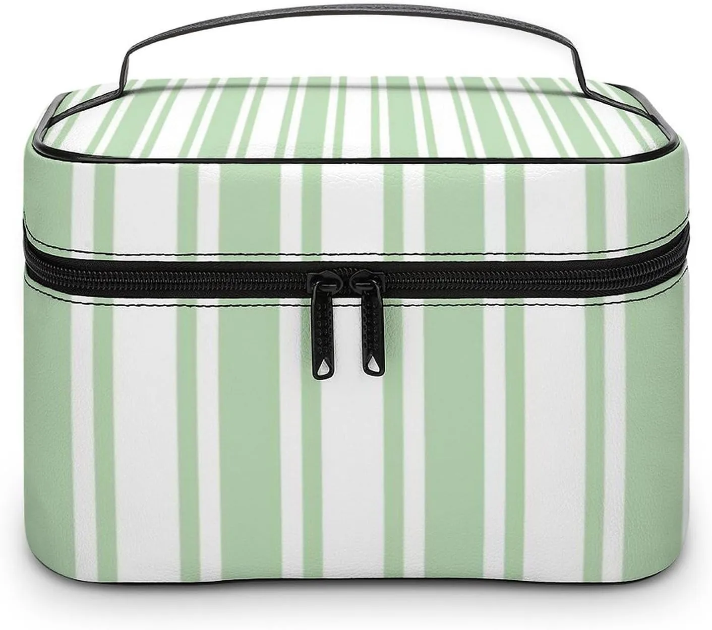 Leather Portable Makeup Bag, Pale Green and White Candy Stripes Travel Cosmetic Bag Makeup Organizer Case Large Capacity Zipper Toiletry Bag for Women