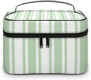 Leather Portable Makeup Bag, Pale Green and White Candy Stripes Travel Cosmetic Bag Makeup Organizer Case Large Capacity Zipper Toiletry Bag for Women