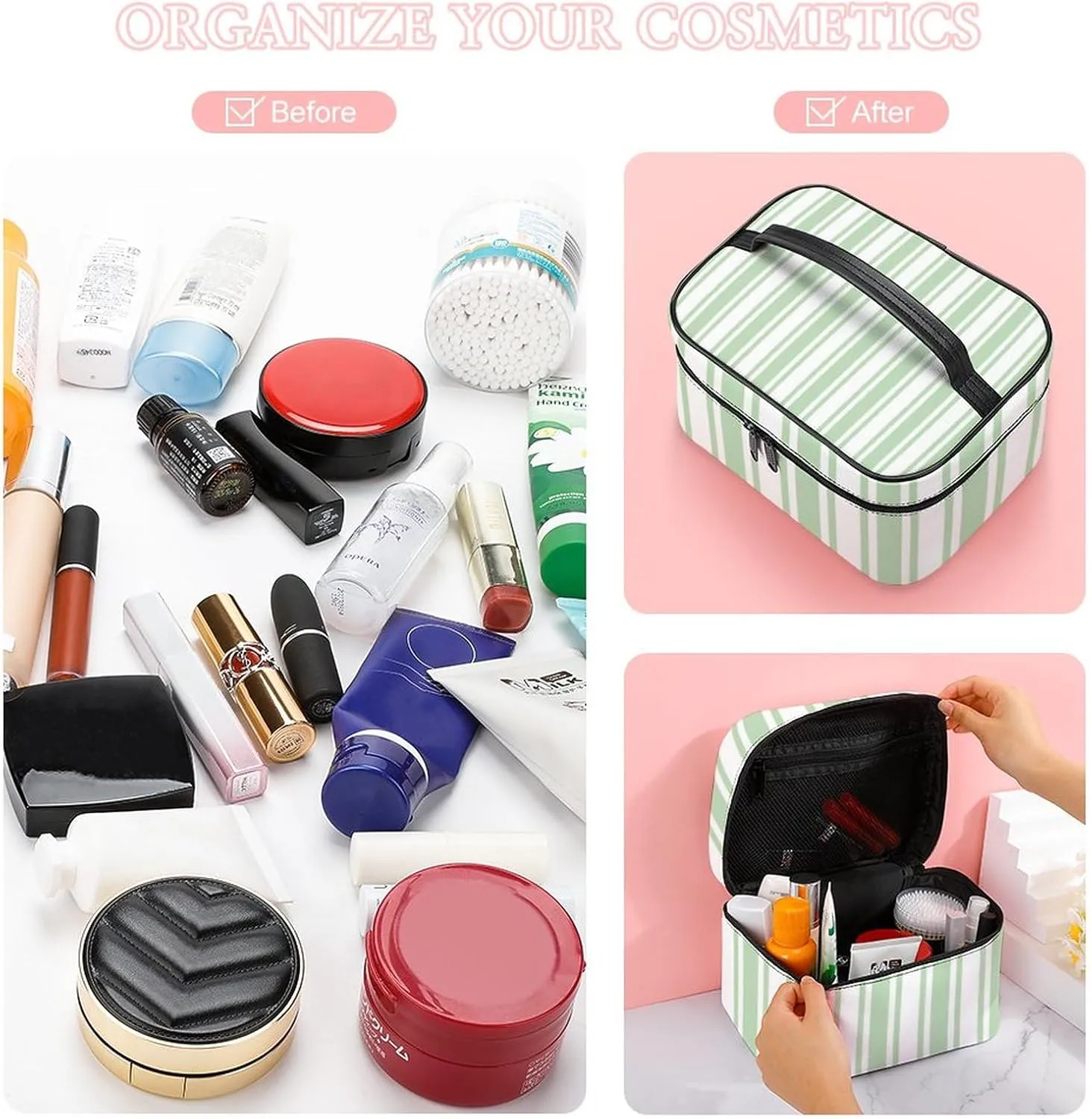Leather Portable Makeup Bag, Pale Green and White Candy Stripes Travel Cosmetic Bag Makeup Organizer Case Large Capacity Zipper Toiletry Bag for Women