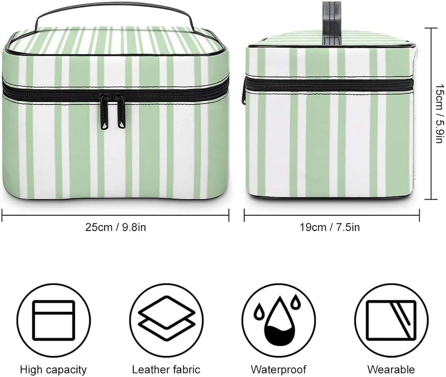Leather Portable Makeup Bag, Pale Green and White Candy Stripes Travel Cosmetic Bag Makeup Organizer Case Large Capacity Zipper Toiletry Bag for Women