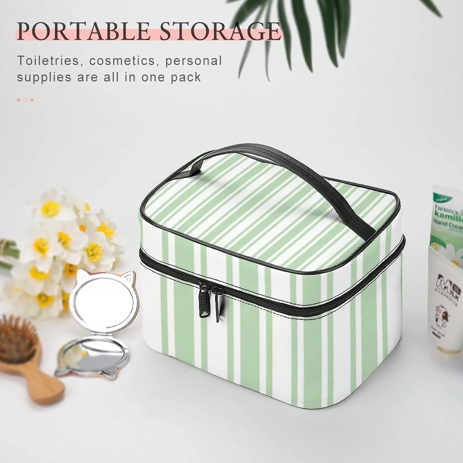 Leather Portable Makeup Bag, Pale Green and White Candy Stripes Travel Cosmetic Bag Makeup Organizer Case Large Capacity Zipper Toiletry Bag for Women