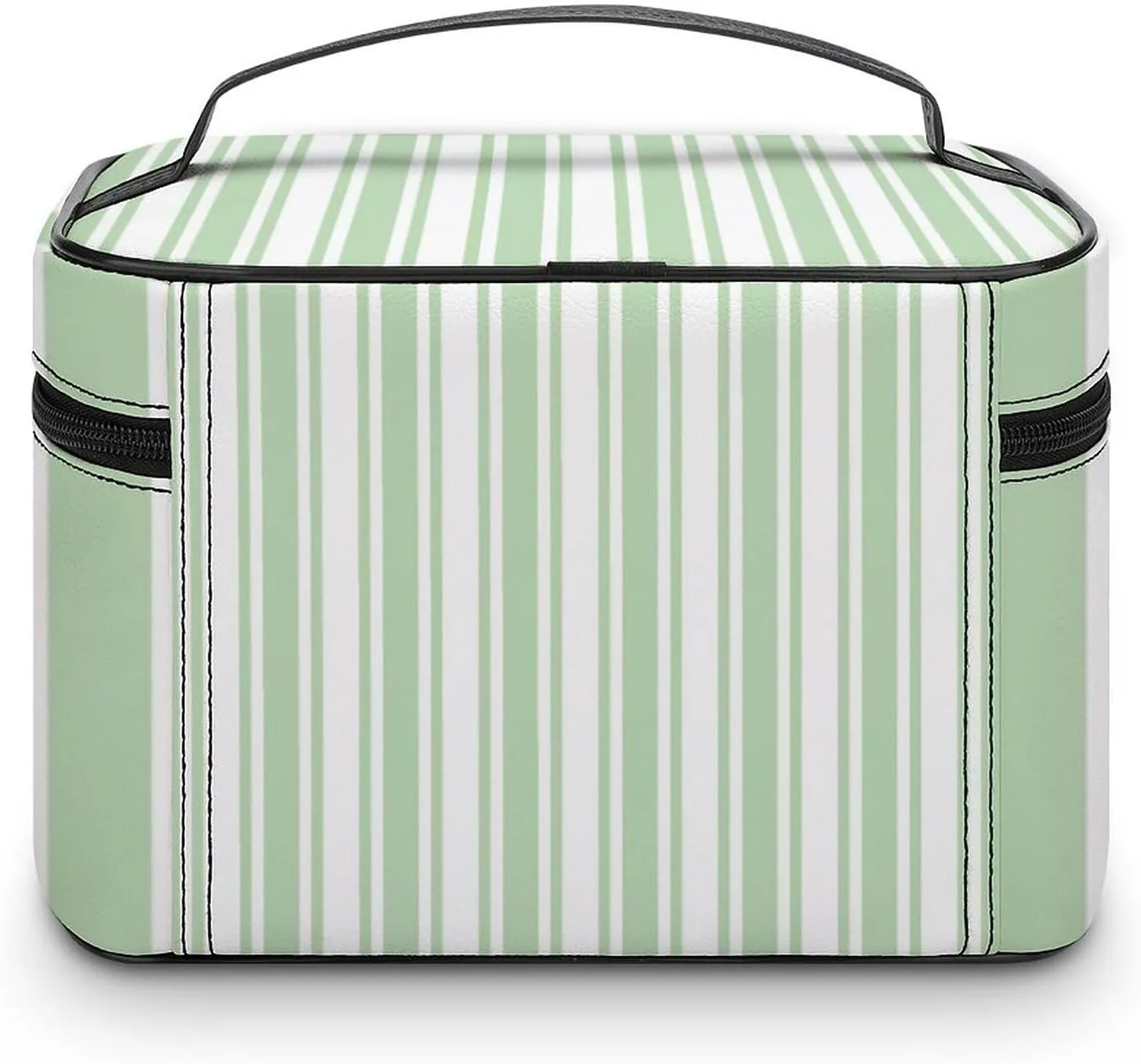 Leather Portable Makeup Bag, Pale Green and White Candy Stripes Travel Cosmetic Bag Makeup Organizer Case Large Capacity Zipper Toiletry Bag for Women