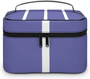 Leather Portable Makeup Bag, Periwinkle Blue White Stripes Travel Cosmetic Bag Makeup Organizer Case Large Capacity Zipper Toiletry Bag for Women