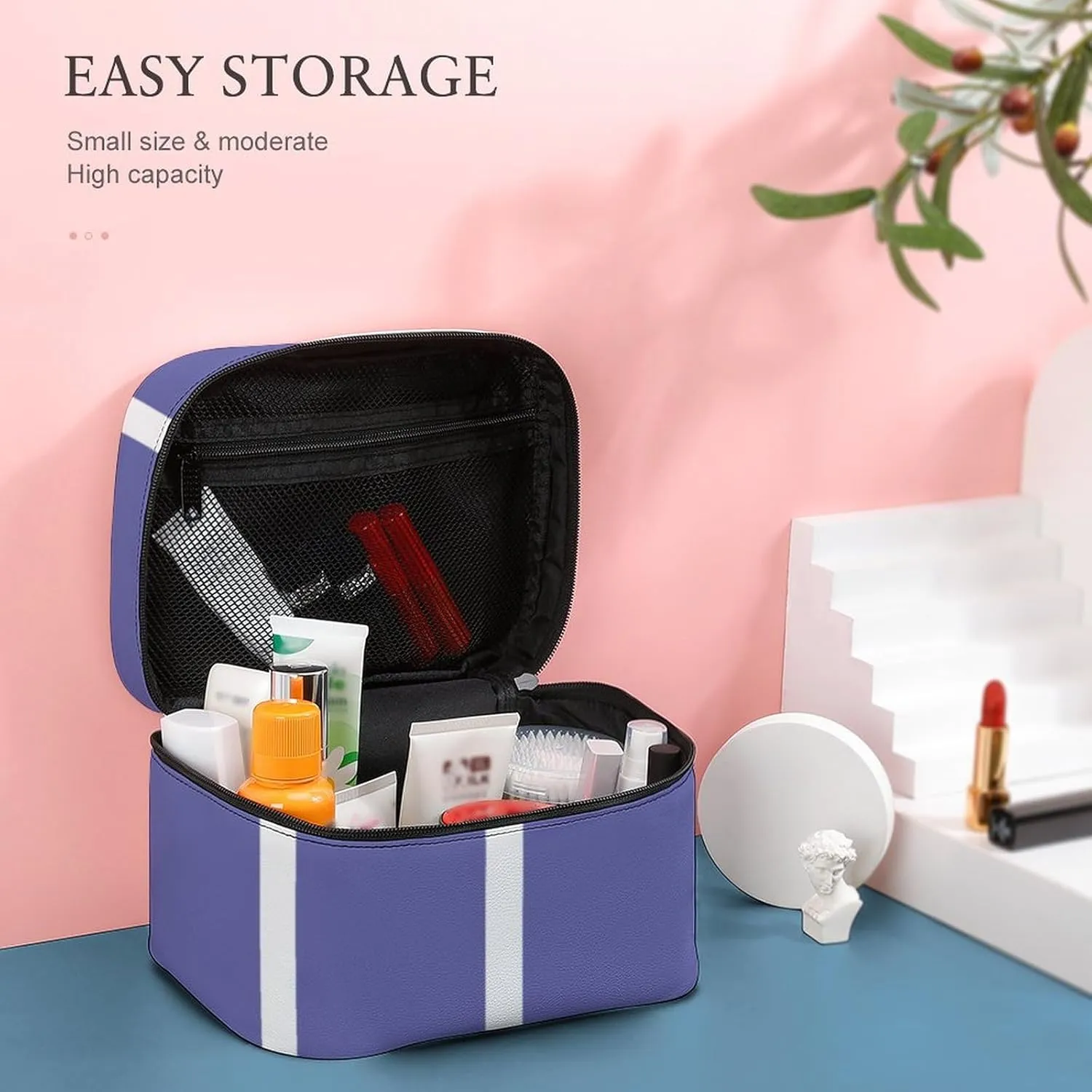 Leather Portable Makeup Bag, Periwinkle Blue White Stripes Travel Cosmetic Bag Makeup Organizer Case Large Capacity Zipper Toiletry Bag for Women