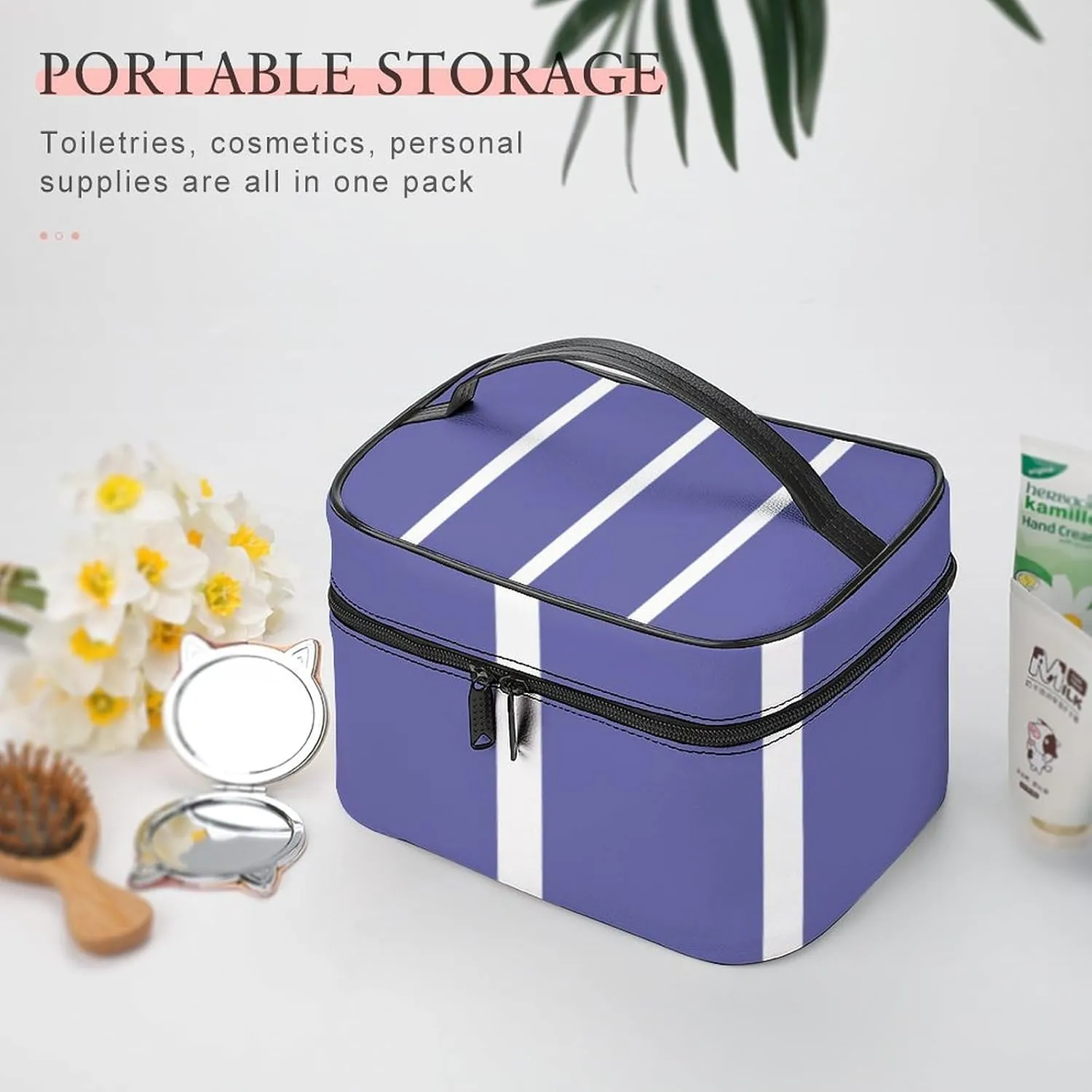 Leather Portable Makeup Bag, Periwinkle Blue White Stripes Travel Cosmetic Bag Makeup Organizer Case Large Capacity Zipper Toiletry Bag for Women
