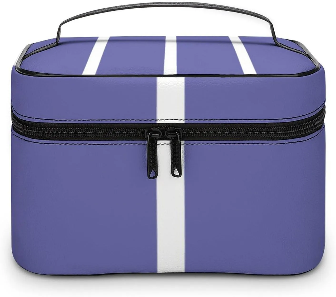 Leather Portable Makeup Bag, Periwinkle Blue White Stripes Travel Cosmetic Bag Makeup Organizer Case Large Capacity Zipper Toiletry Bag for Women