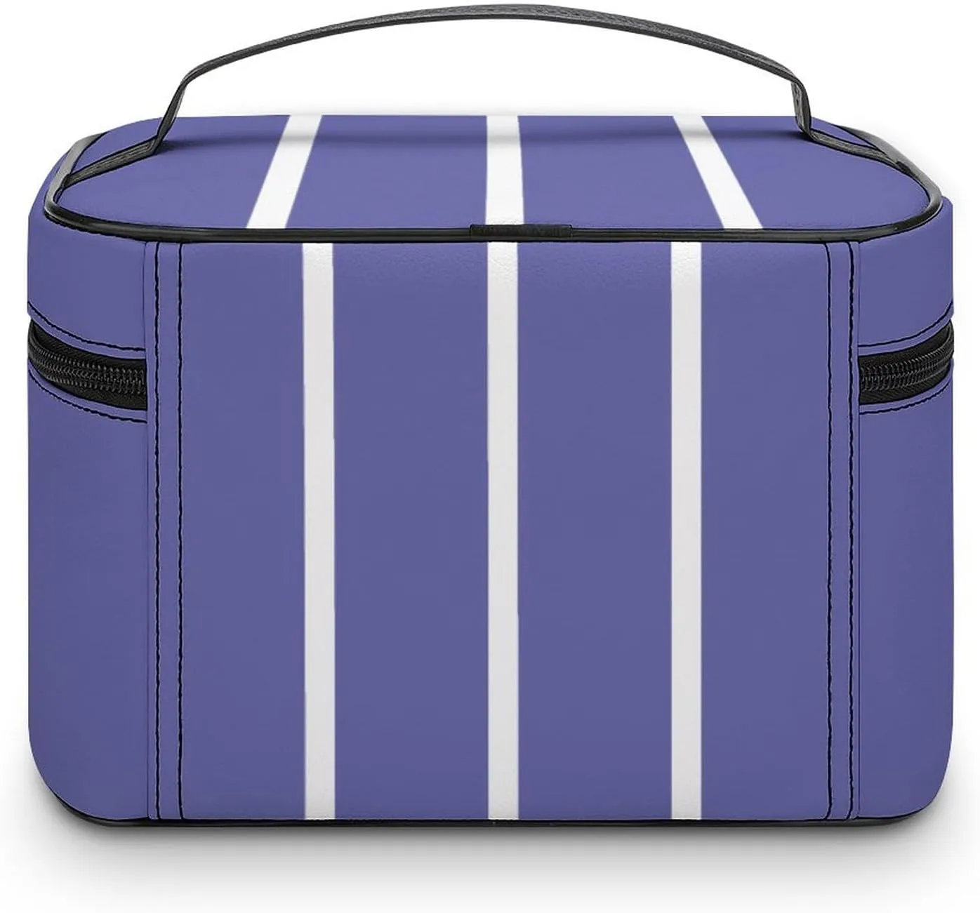 Leather Portable Makeup Bag, Periwinkle Blue White Stripes Travel Cosmetic Bag Makeup Organizer Case Large Capacity Zipper Toiletry Bag for Women