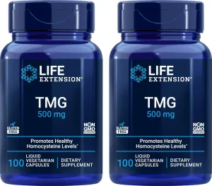Life Extension TMG 500mg, 100 Liquid Veg Caps (Pack of 2) - Trimethylglycine (Glycine Betaine) Supplement - Gluten Free, Non-GMO, Vegetarian