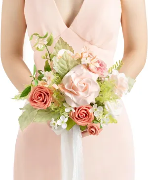 Ling's Moment Artificial Flowers Pink Bridesmaid Bouquet, Blush Garden Wedding Flowers Bouquets for Bridesmaids, 7 Inch Bridal Bouquets for Bridesmaids, Wedding, etc