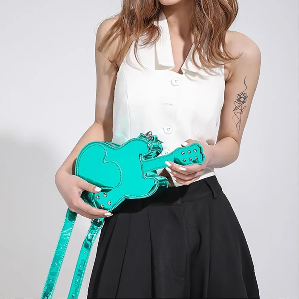 Love Riveted Glossy Violin/Guitar/Piano Handbag Crossbody Bag, Quilted PU Leather Zipper Closed Purse Shoulder Bag For Women