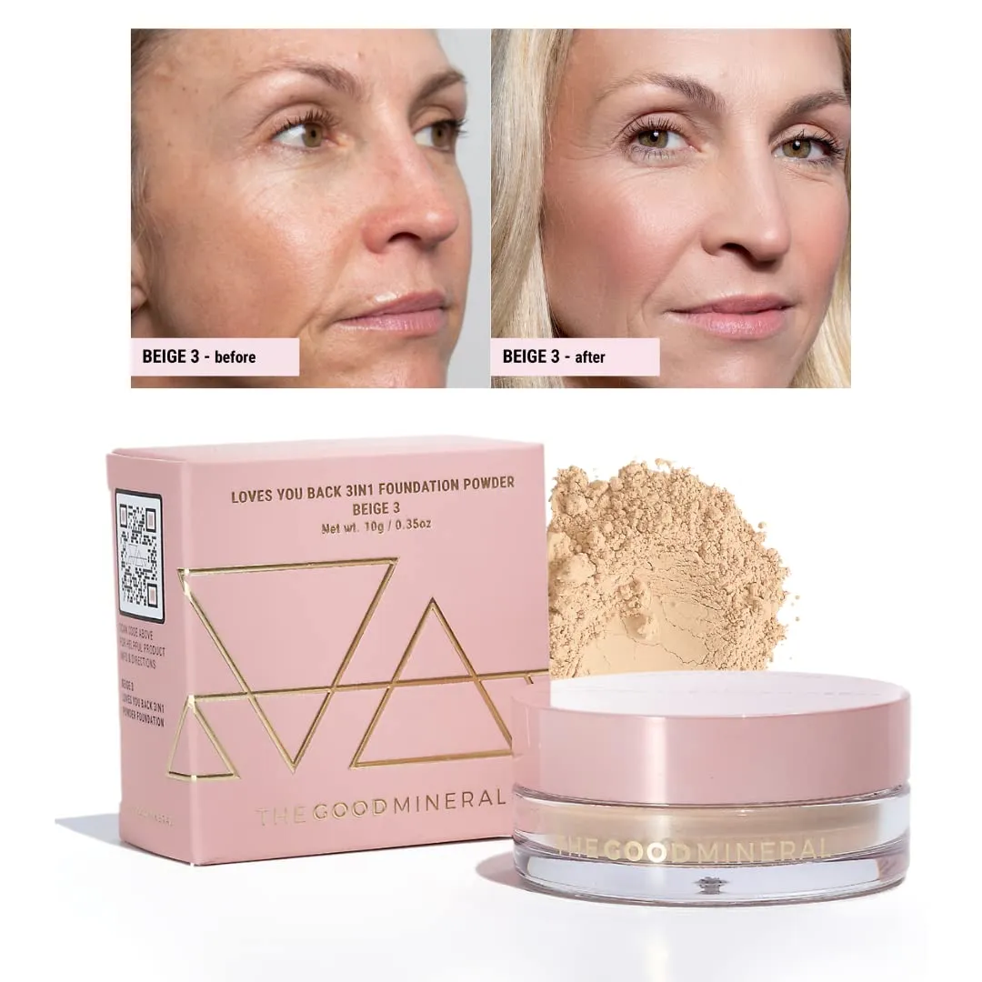 Loves-You-Back 3in1 Mineral Powder Foundation (BEIGE 3) | Designed for acne-prone, sensitive skin | Evens out skin tone as a 3IN1 - Concealer, Foundation   Powder | Natural Coverage