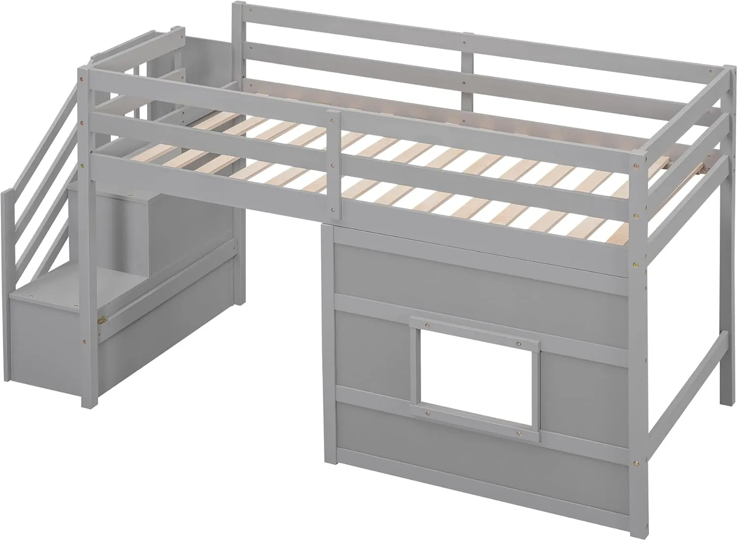 Low Loft Bed with Stairs, Twin Size Storage Loft Bed Frame with Staircase and Window, Wood Kids Loft Bed with Steps for Boys Girls Teens, Gray