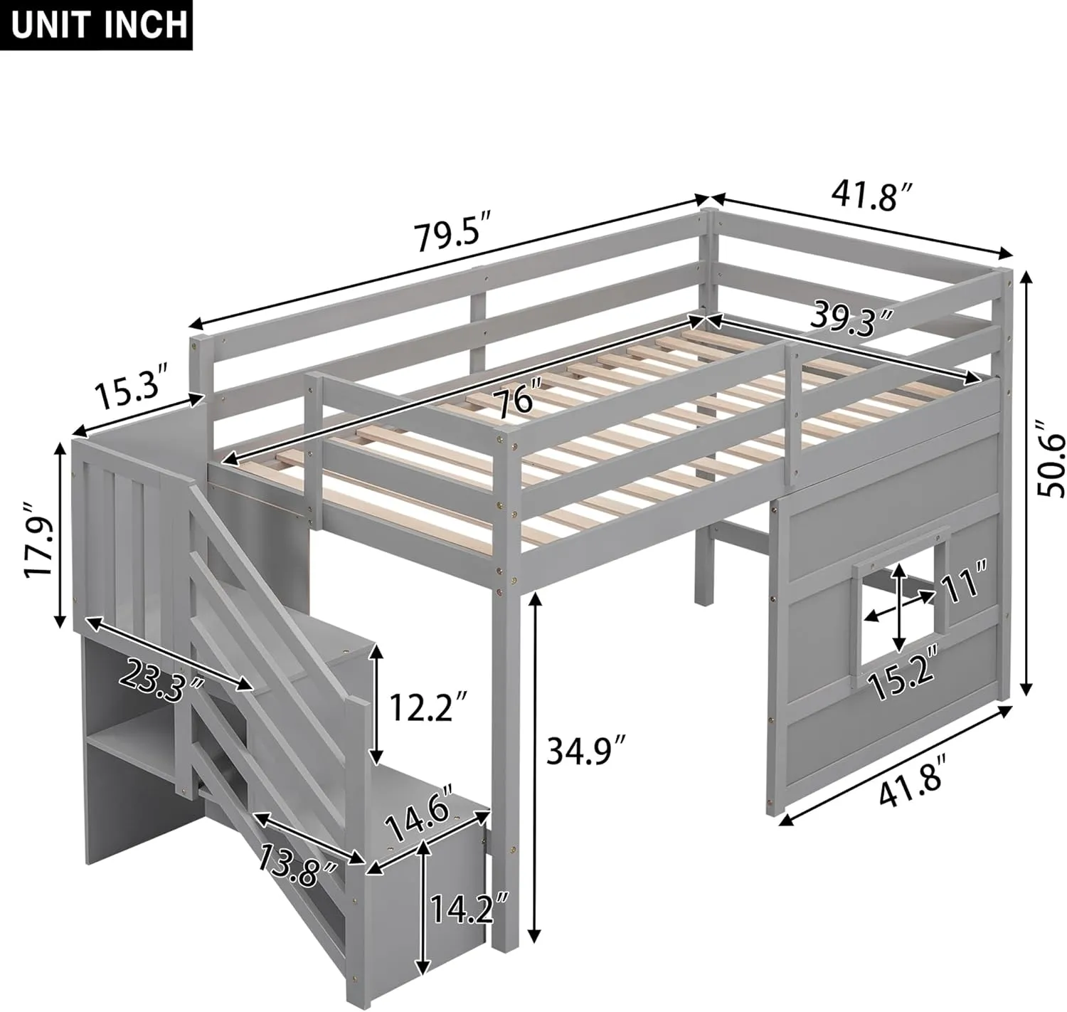 Low Loft Bed with Stairs, Twin Size Storage Loft Bed Frame with Staircase and Window, Wood Kids Loft Bed with Steps for Boys Girls Teens, Gray